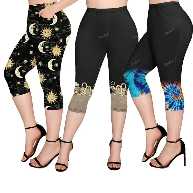 Plus Size Pockets Tie Dye Capri Leggings Women Spring,Summer Casual 3D –  Bright Star