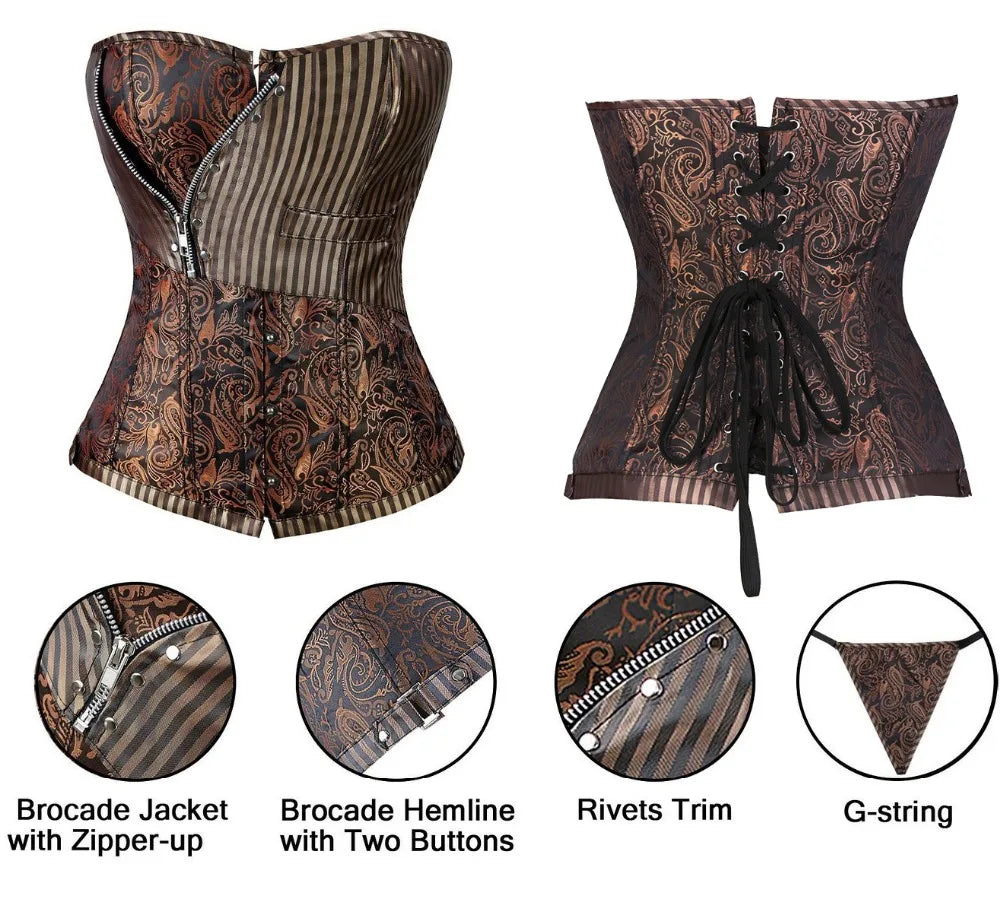 Miss Moly Steampunk Corset Gothic Bustiers Boned Zipper Brown Top Woma –  Bright Star